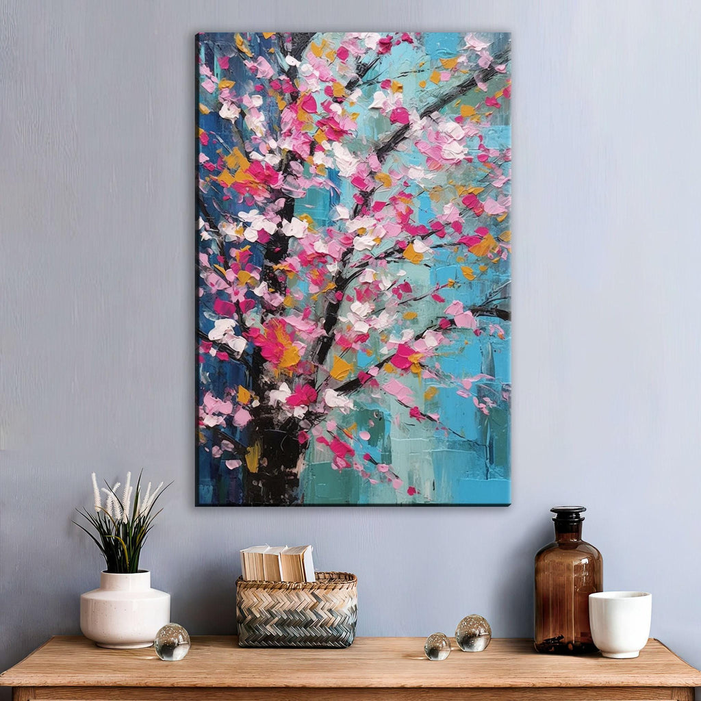 Cherry Blossom Canvas – Large Canvas Art | Abstract Floral Wall Decor in Pink & Blue