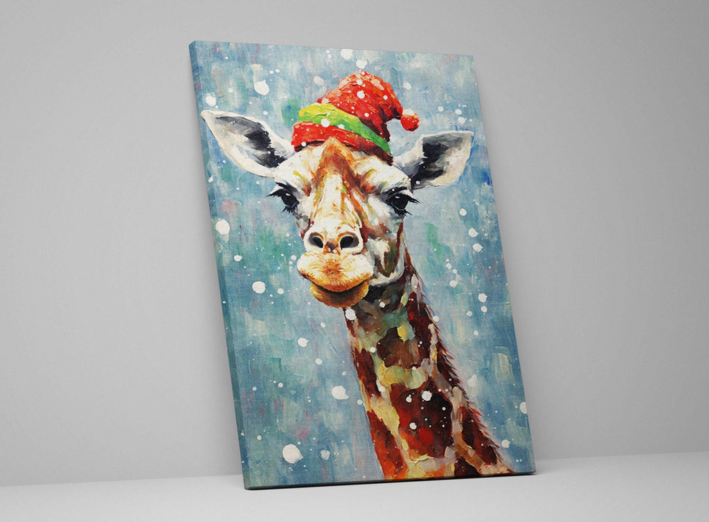 Giraffe In Santa Hat - Whimsical Christmas Canvas Art | Extra Large Gallery Wrapped Print