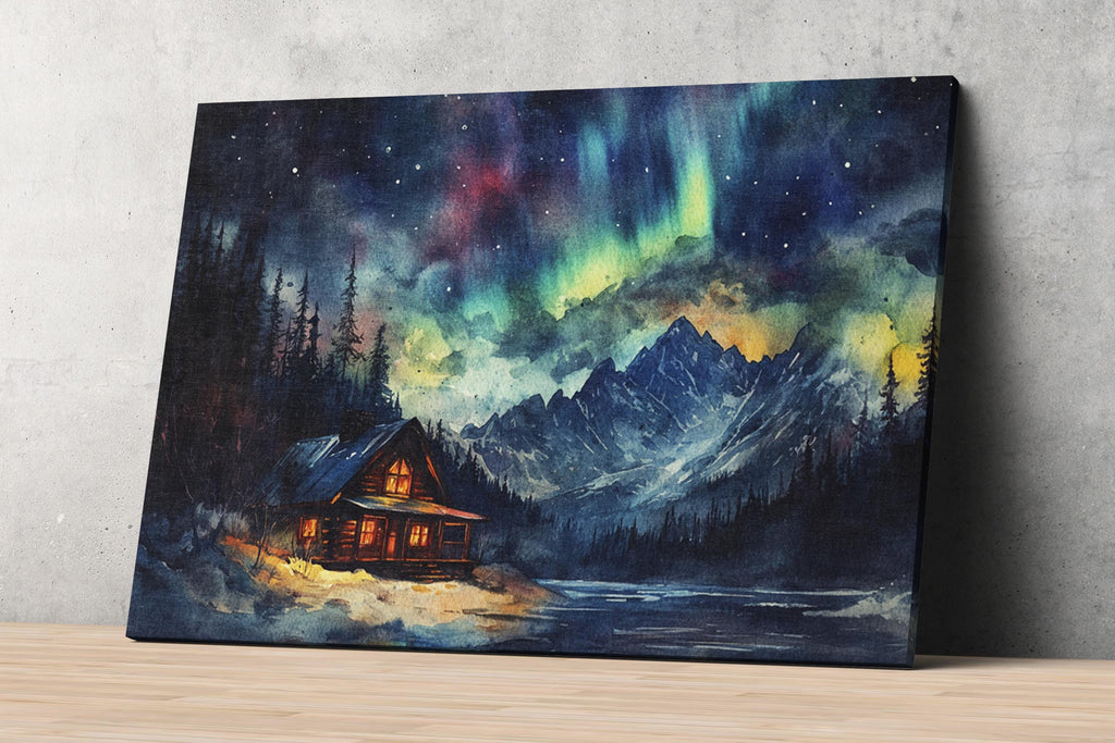 a cozy cabin nestled in a serene mountain landscape, with a breathtaking view of the night sky filled with vibrant colors and the mesmerizing northern lights.
