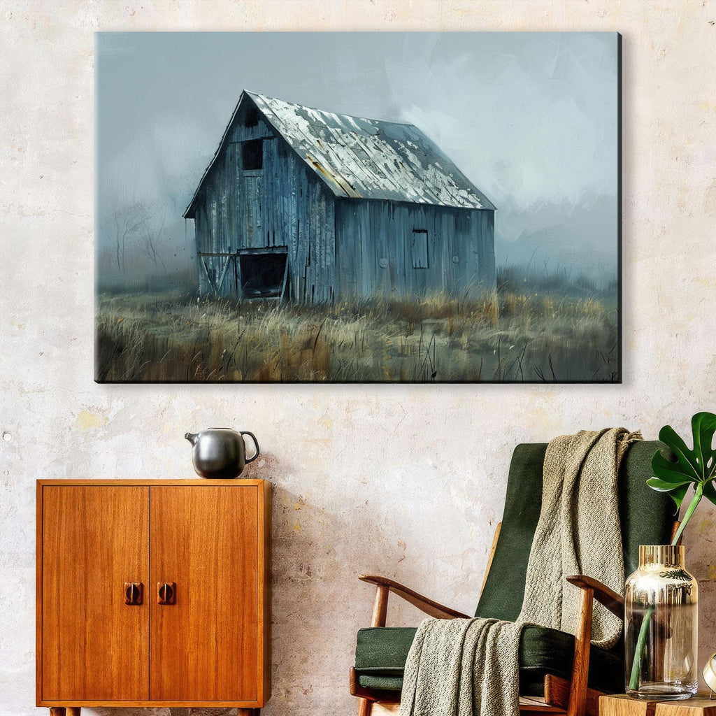 a large, weathered wooden barn with a metal roof, set against a foggy, misty background.