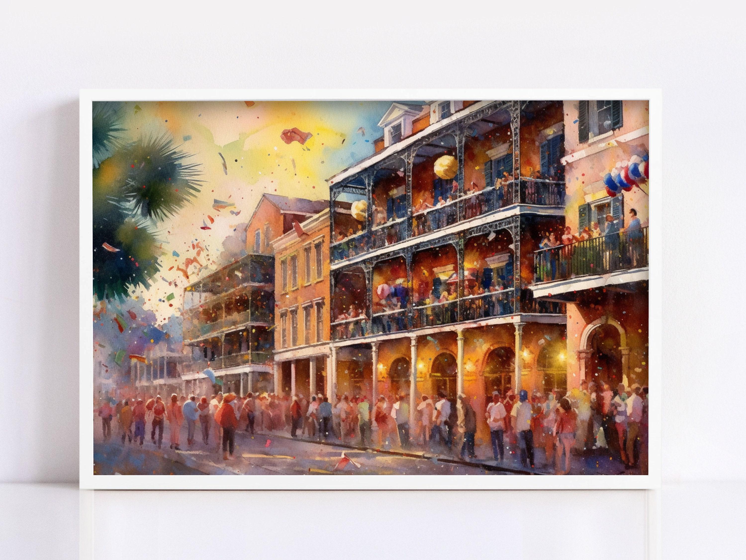 New Orleans Mardi Gras Watercolor, Festive Wall Art, Giclee Print on Canvas, Artist Paper, Watercolor Paper, Available in Extra Large Sizes