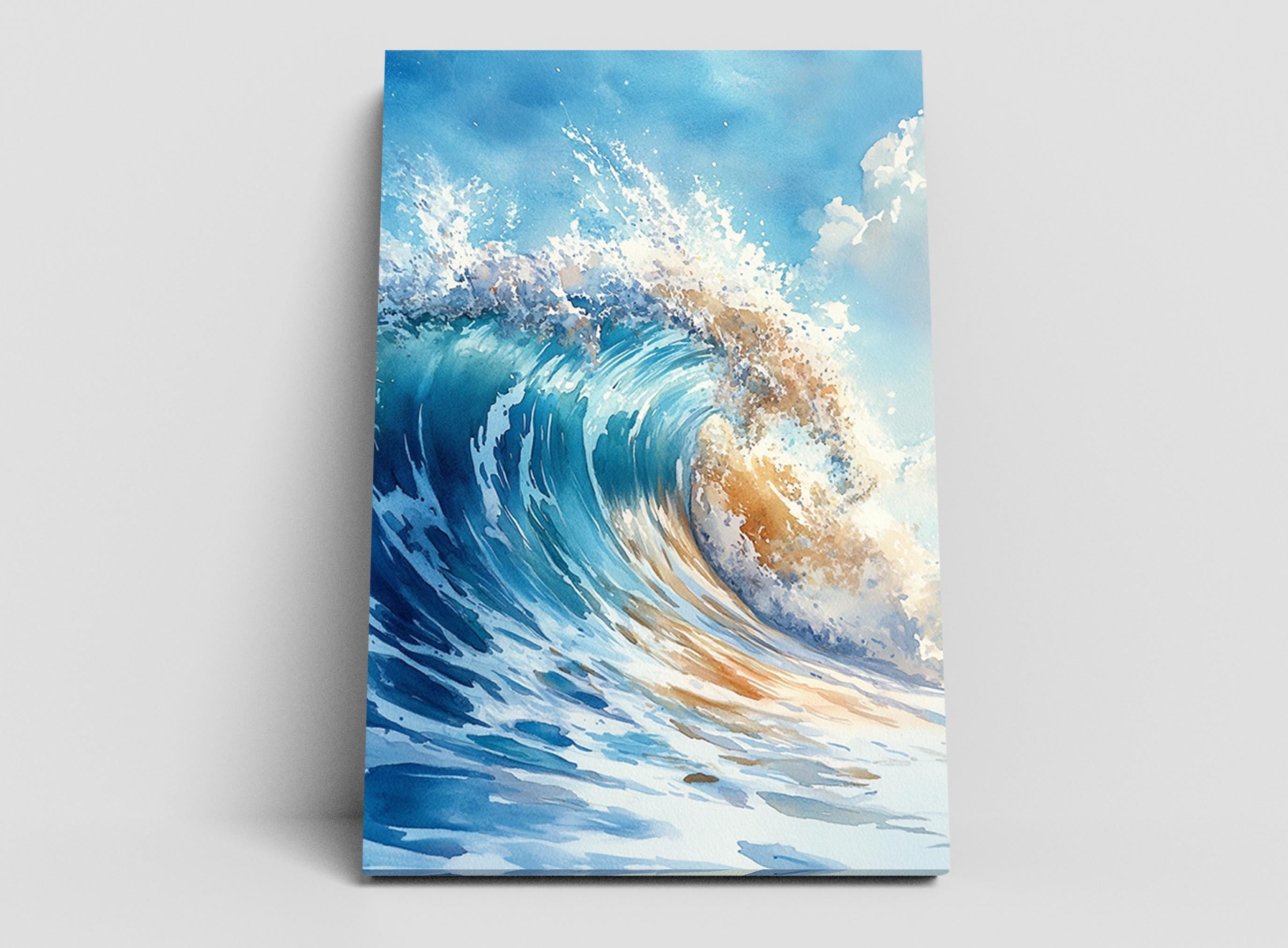 a large, powerful wave crashing against the shore, with the water in shades of blue and white and the sky above filled with clouds.
