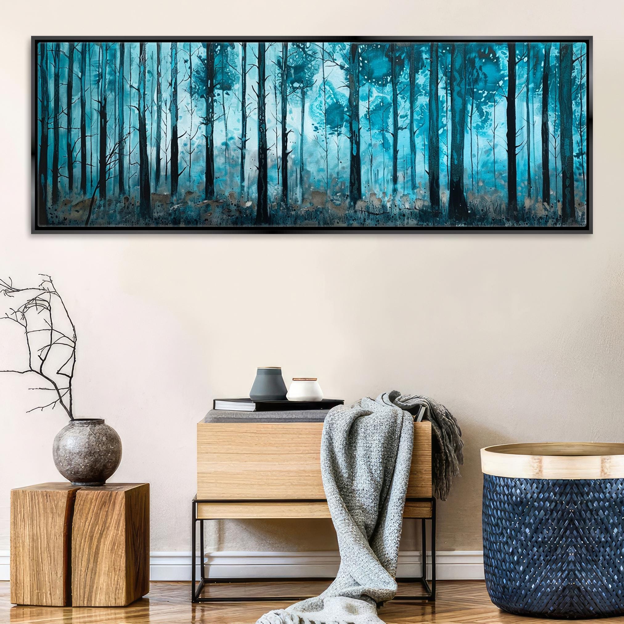 a painting on a wall of a forest