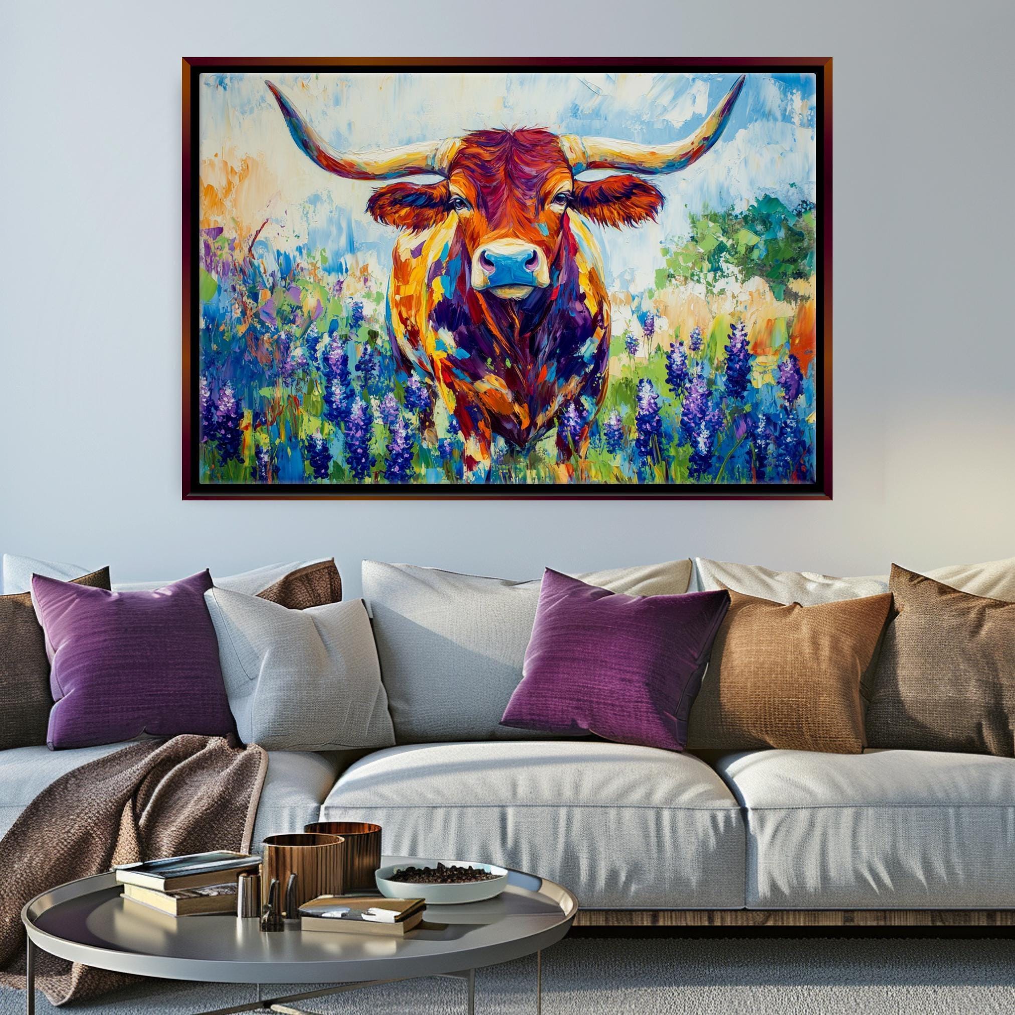 a large, colorful painting of a bull with horns hanging on a wall above a couch with pillows.