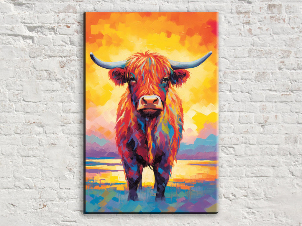 Highland Cow Canvas – Rustic Farmhouse Wall Art, Large Colorful Cow Painting