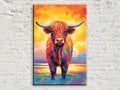 Highland Cow Canvas – Rustic Farmhouse Wall Art, Large Colorful Cow Painting
