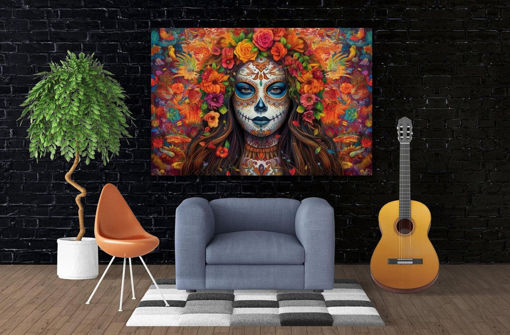 a large, colorful painting of a woman with a skull-like face, surrounded by flowers, hanging on a brick wall. In front of the painting, there is a gray armchair, a potted plant, and a guitar.