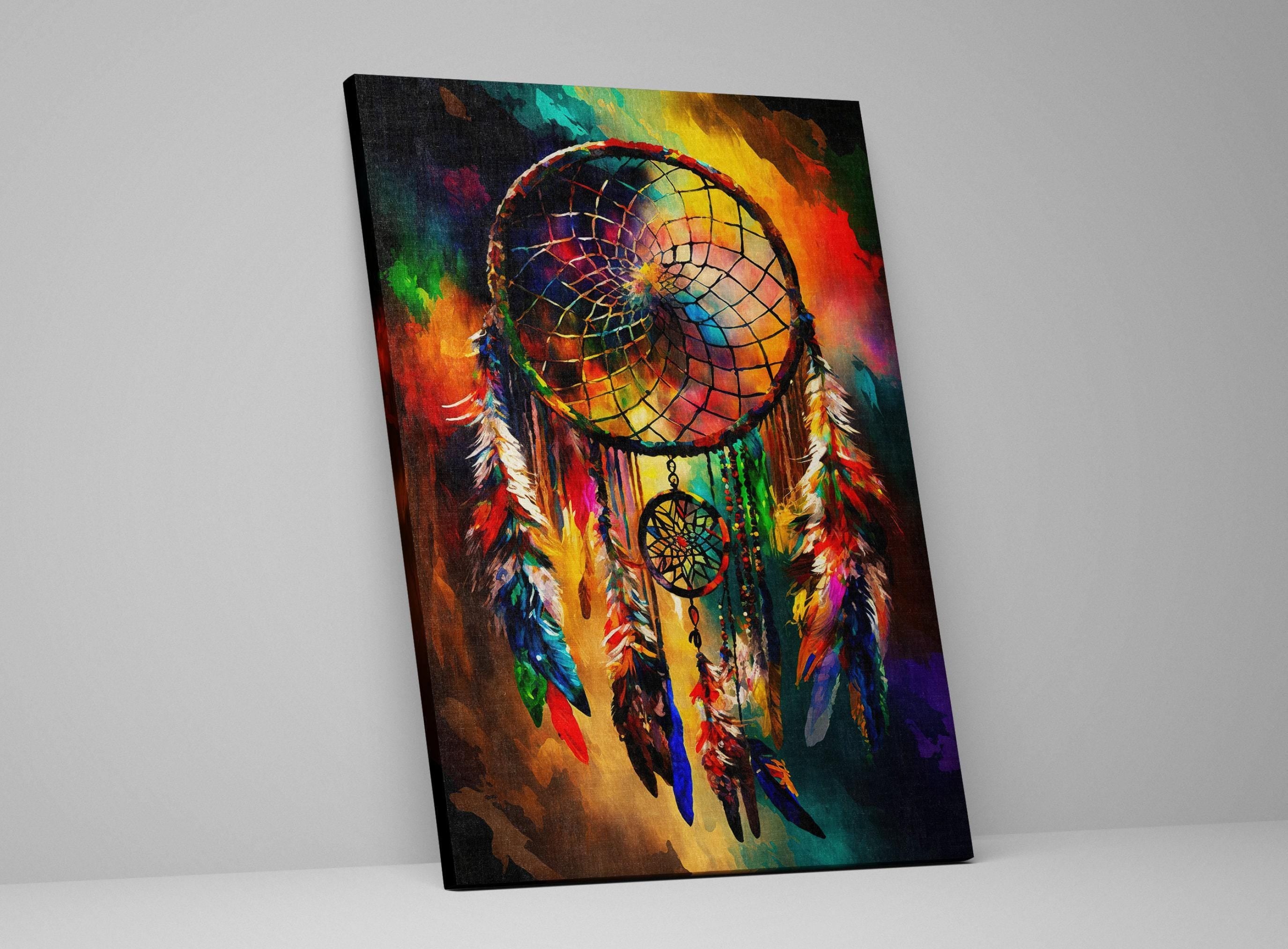 Dreamcatcher Art Print – Native American Canvas with Vibrant Peacock Design