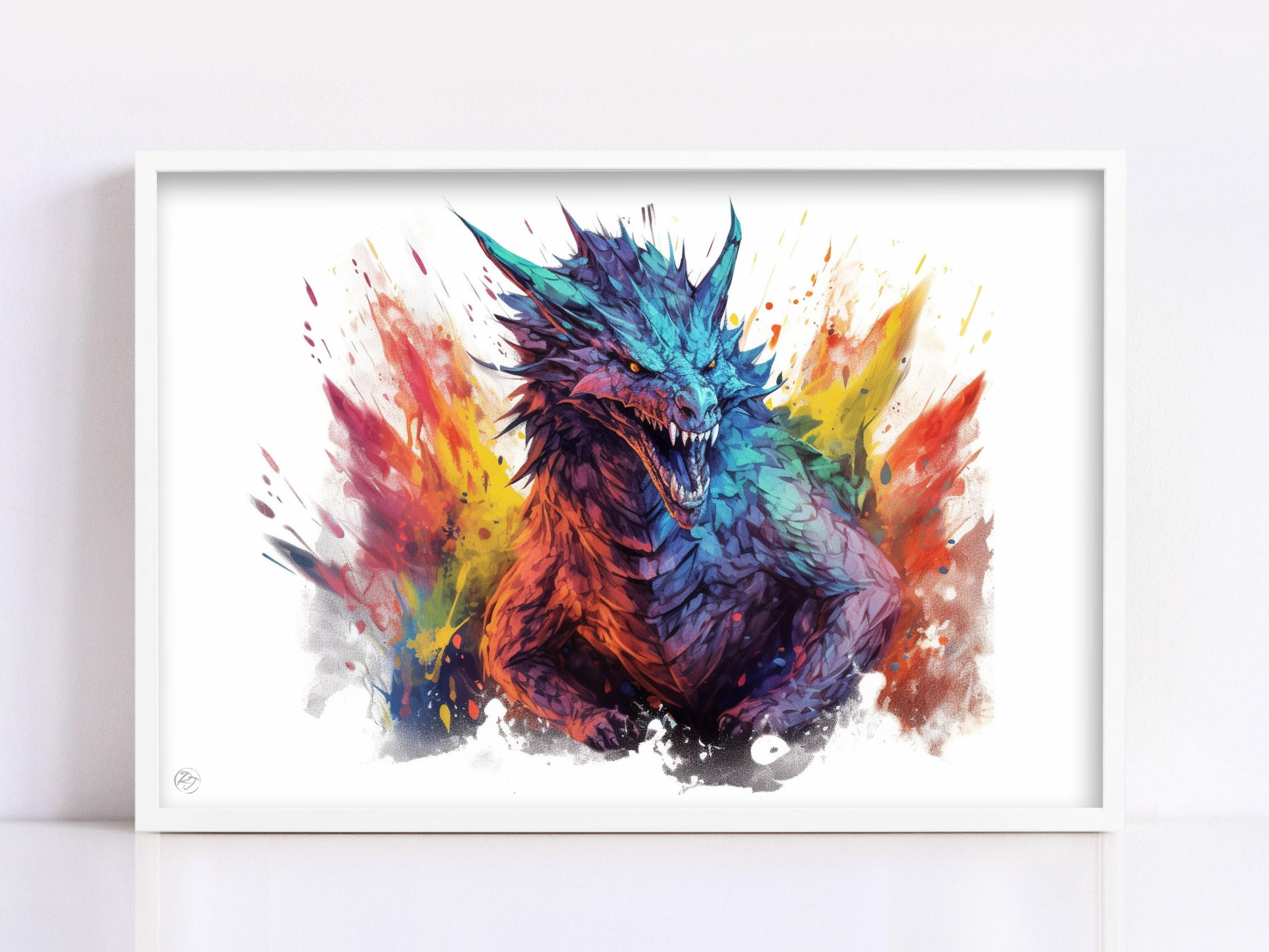 Mystical Dragon Majesty: Watercolor Wall Art Print, Giclee Print on Canvas, Artist Paper, Watercolor Paper, Available in Extra Large Sizes
