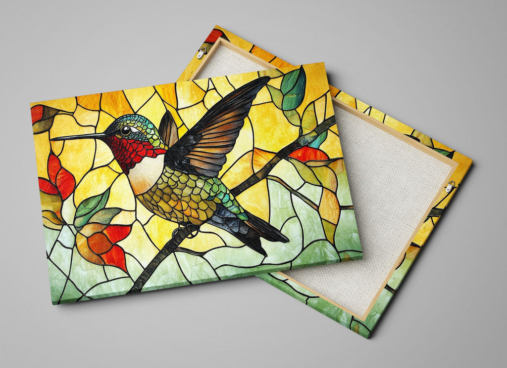 a stained glass picture of a hummingbird on a branch
