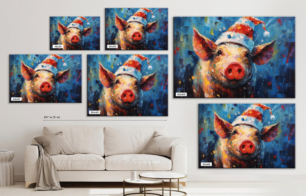 Santa Pig Painting - Whimsical Christmas Canvas Art | Extra Large Gallery Wrapped Print