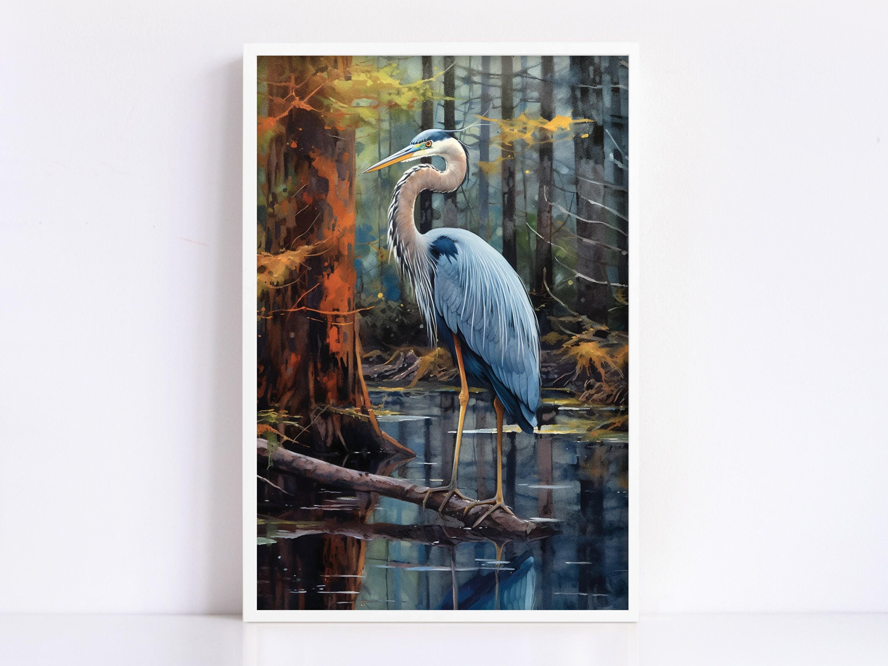 Blue Heron Watercolor Bird Print for Home Decor, Giclee Print on Canvas, Artist Paper, Watercolor Paper, Available in Extra Large Sizes