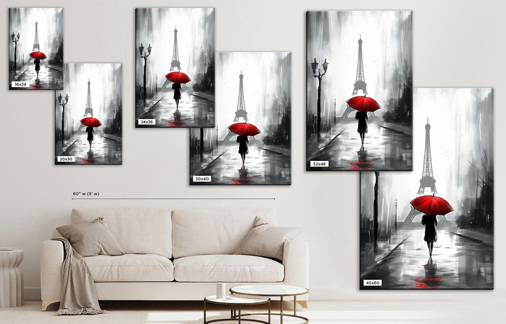 The image is a collage of multiple images depicting a person walking with a red umbrella in front of the Eiffel Tower.