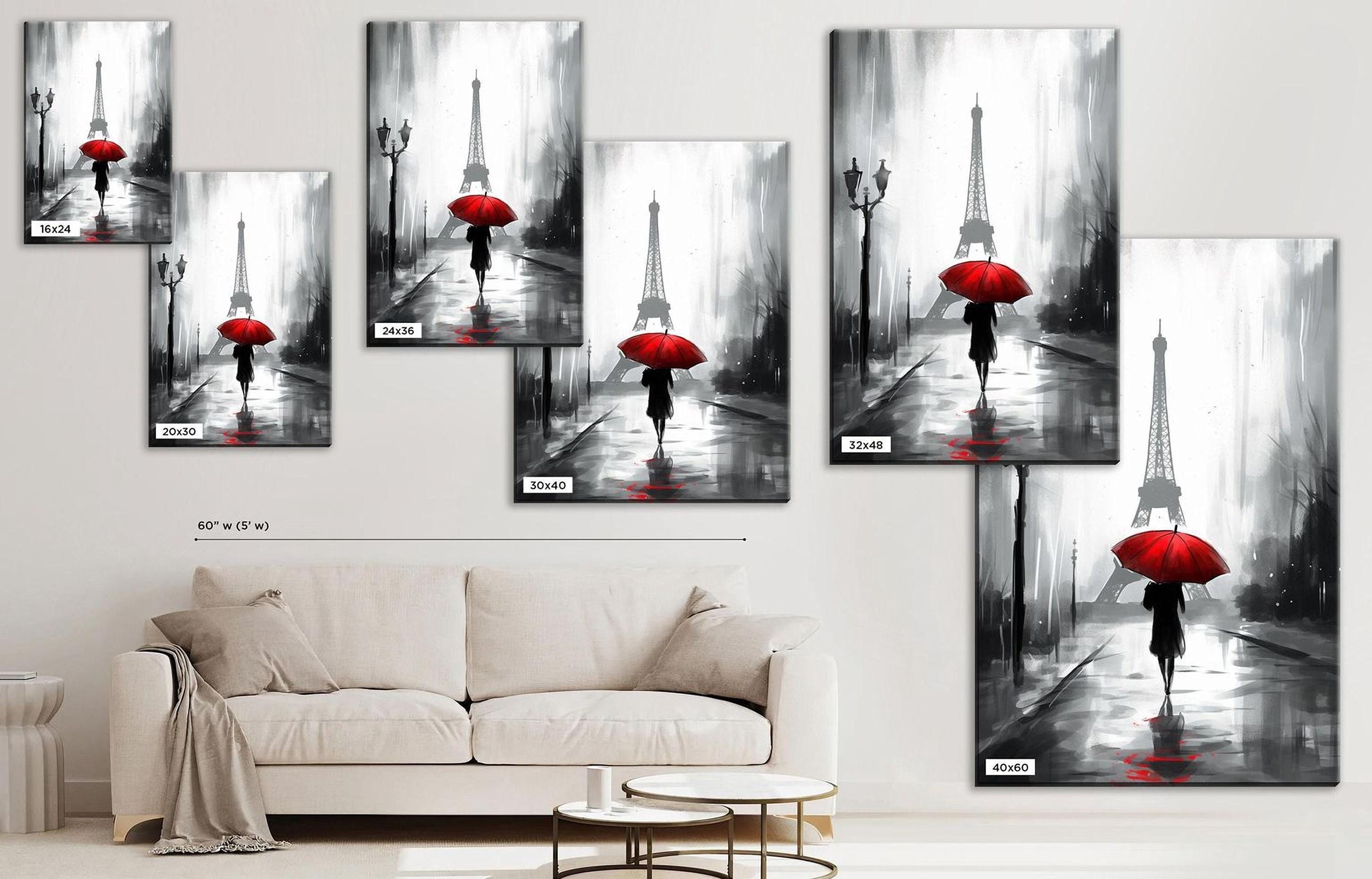 The image is a collage of multiple images depicting a person walking with a red umbrella in front of the Eiffel Tower.