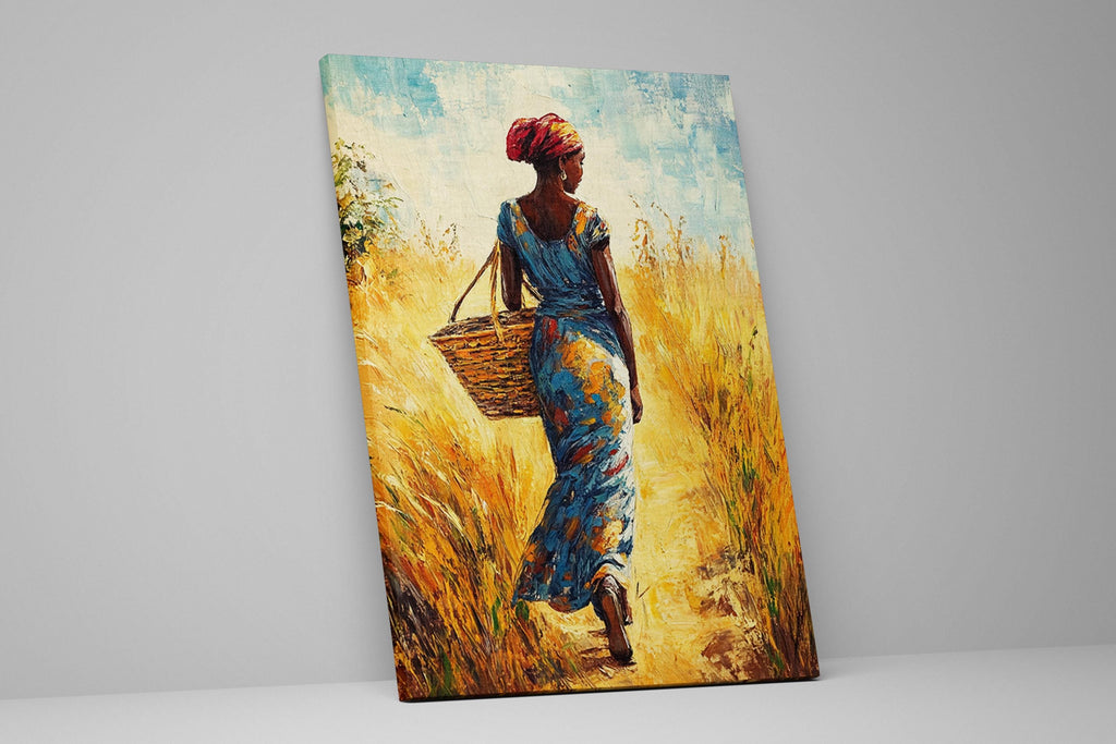 a painting of a woman carrying a basket