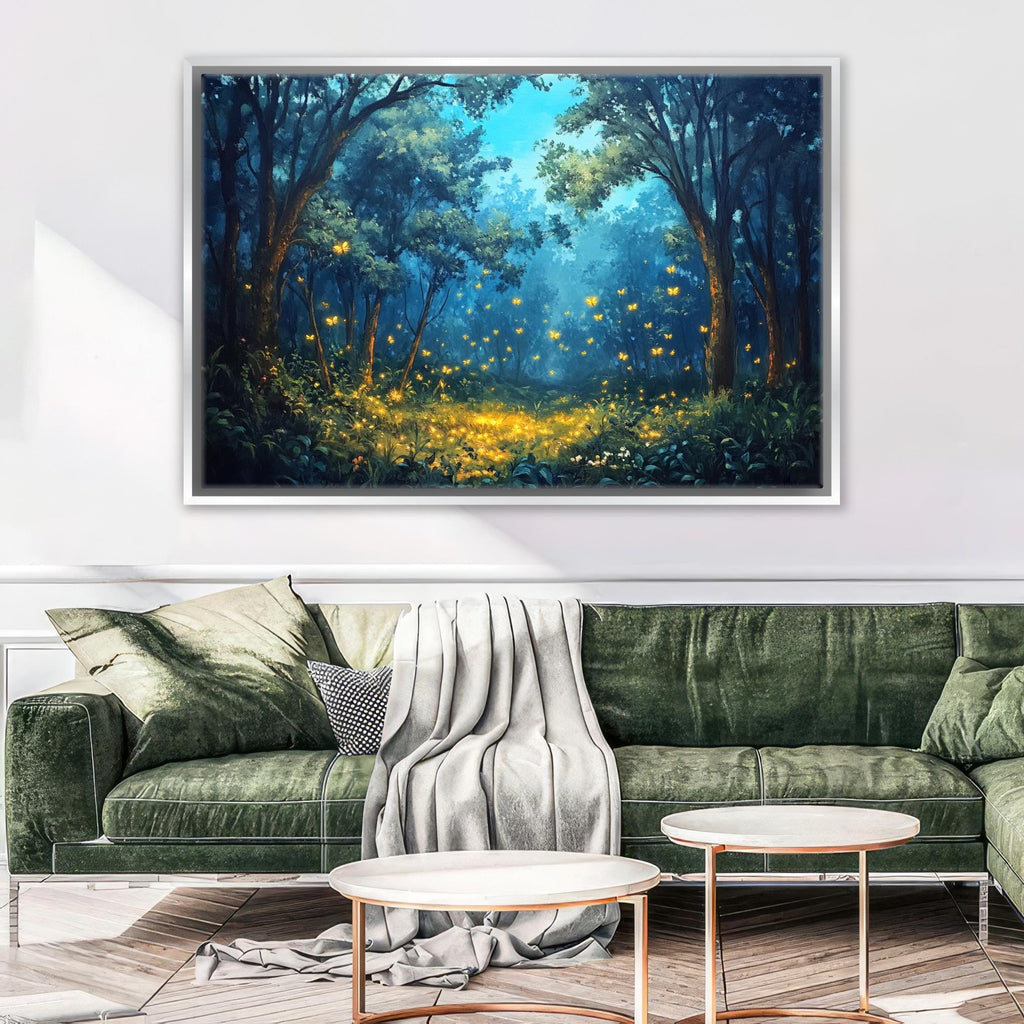 a living room with a green couch and a painting on the wall