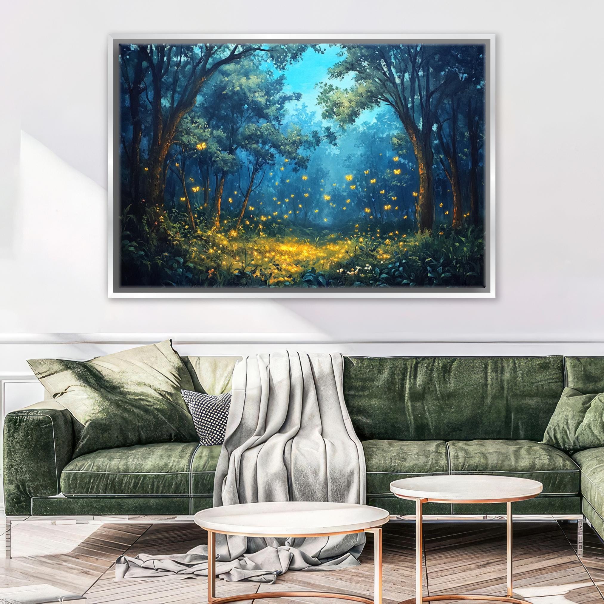 a living room with a green couch and a painting on the wall