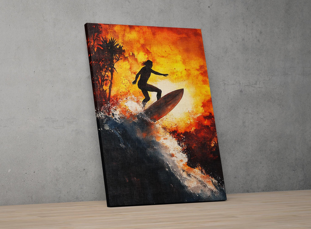 a surfer riding a wave, with a fiery sunset in the background.