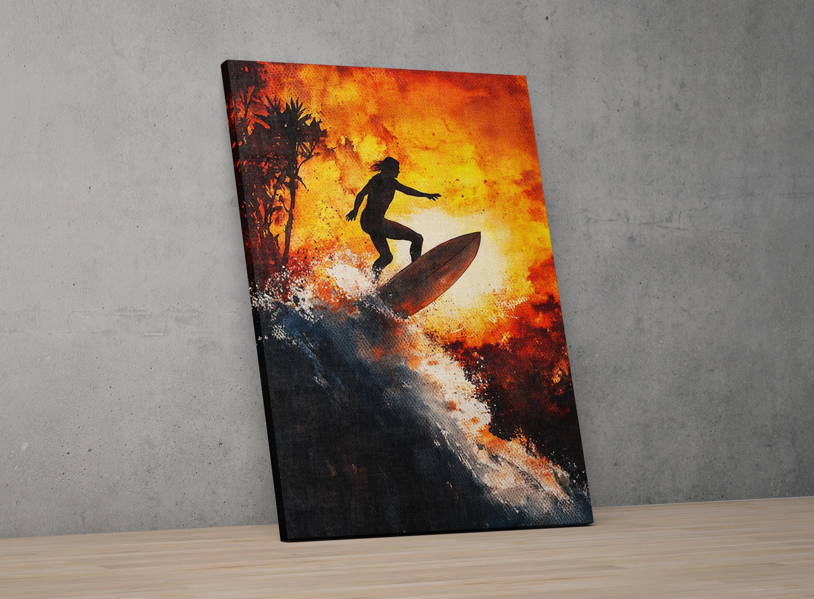 a surfer riding a wave, with a fiery sunset in the background.
