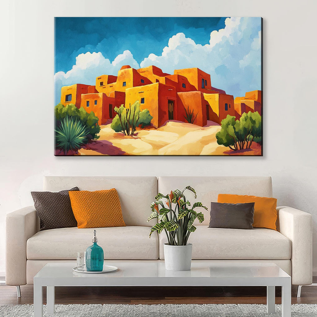 a living room with a couch and a painting on the wall