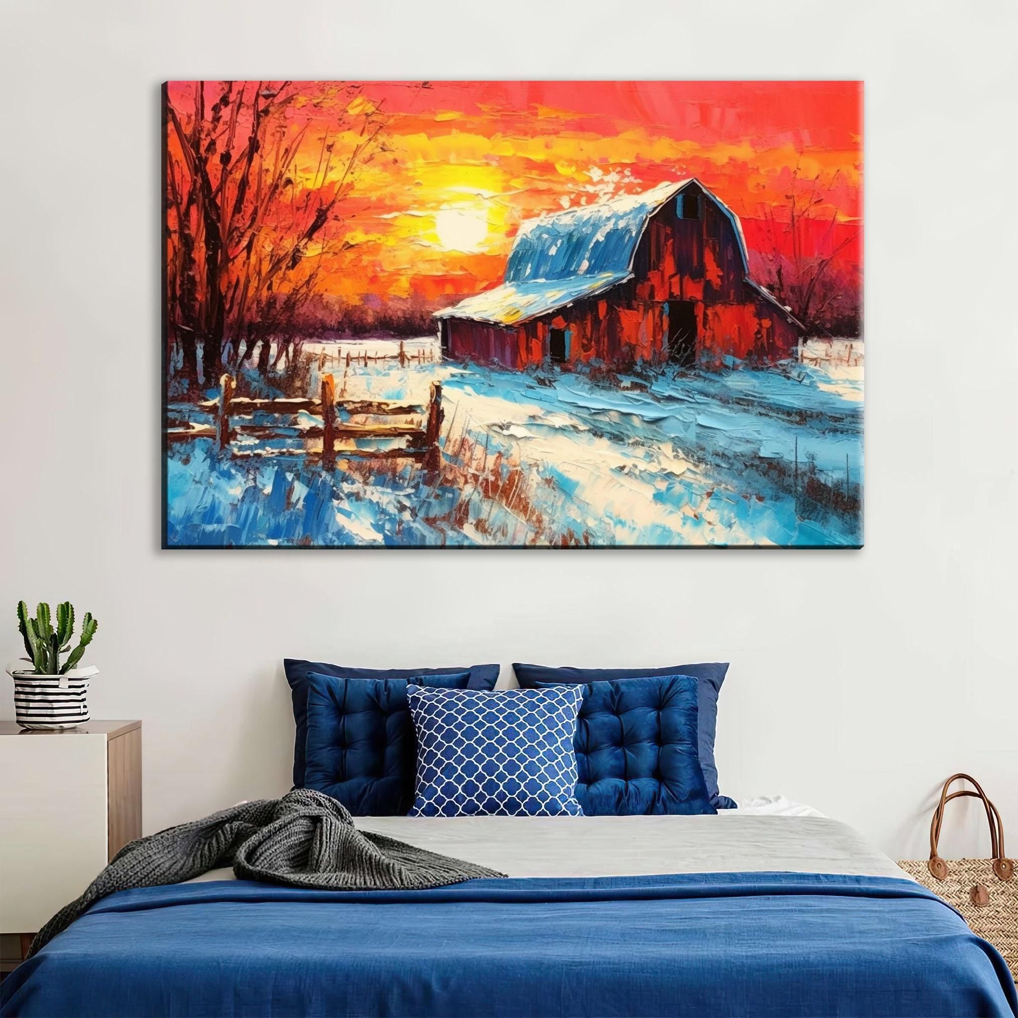 Wintery Farm Scene - Rustic Winter Canvas | Vintage Barn Landscape Print on Gallery Wrapped Canvas