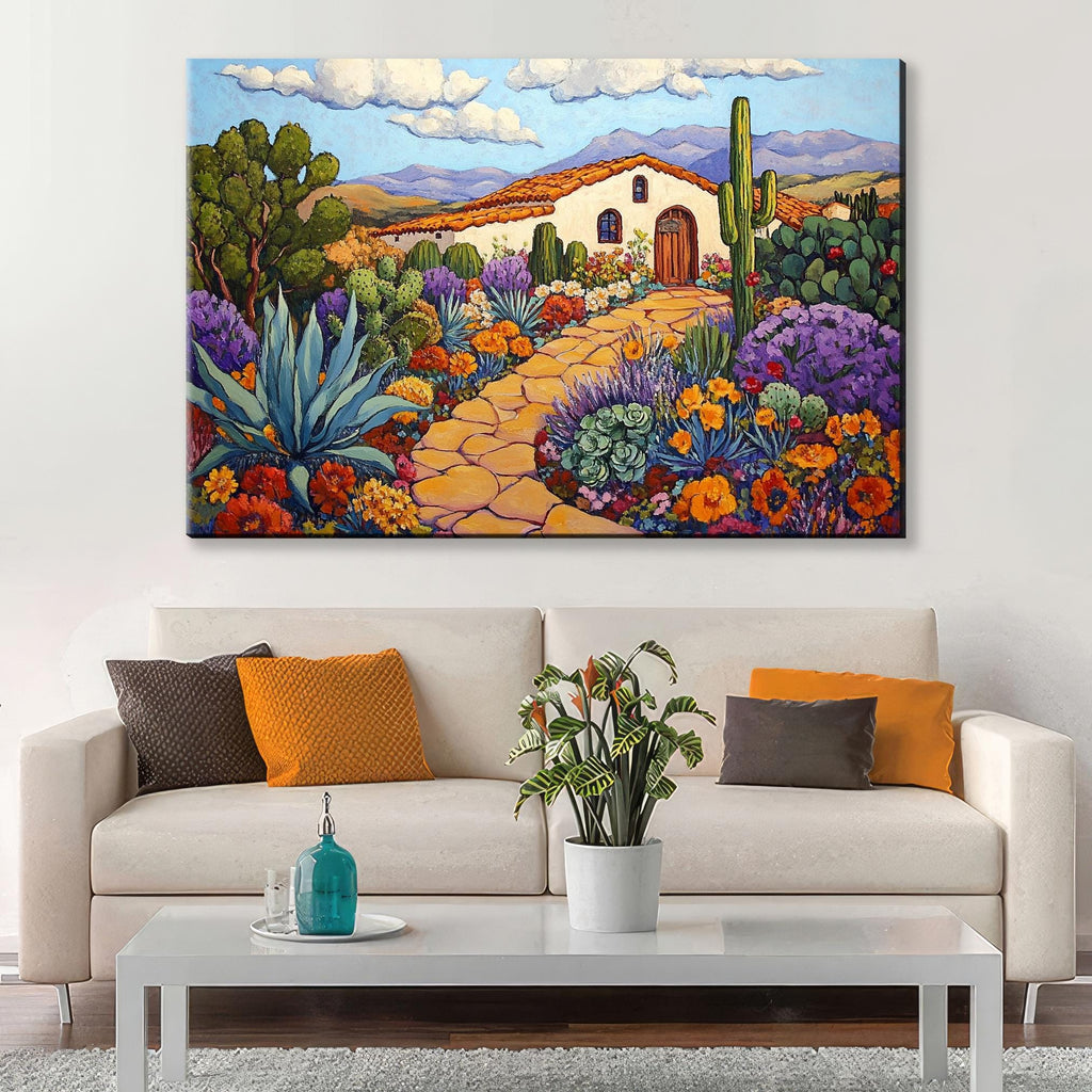 a living room with a couch and a painting on the wall
