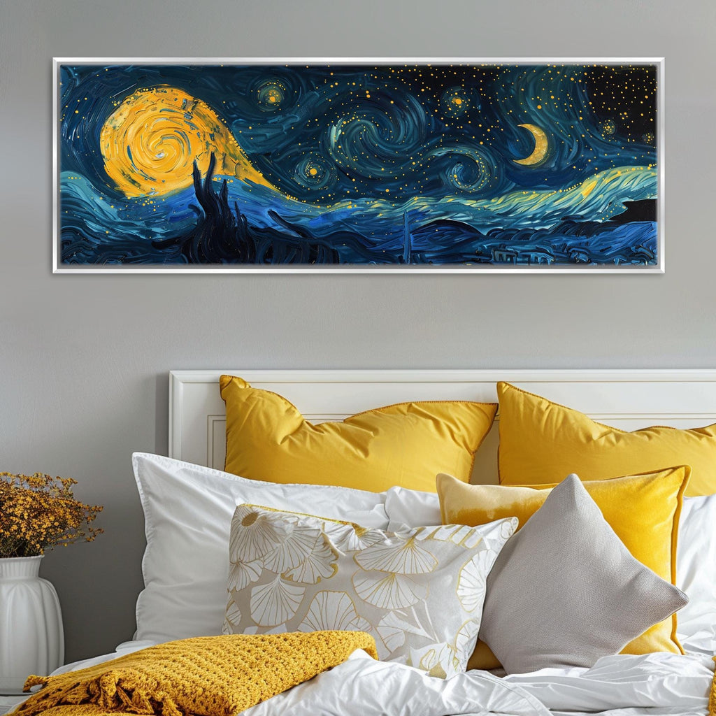 a bedroom with a large painting on the wall above the bed