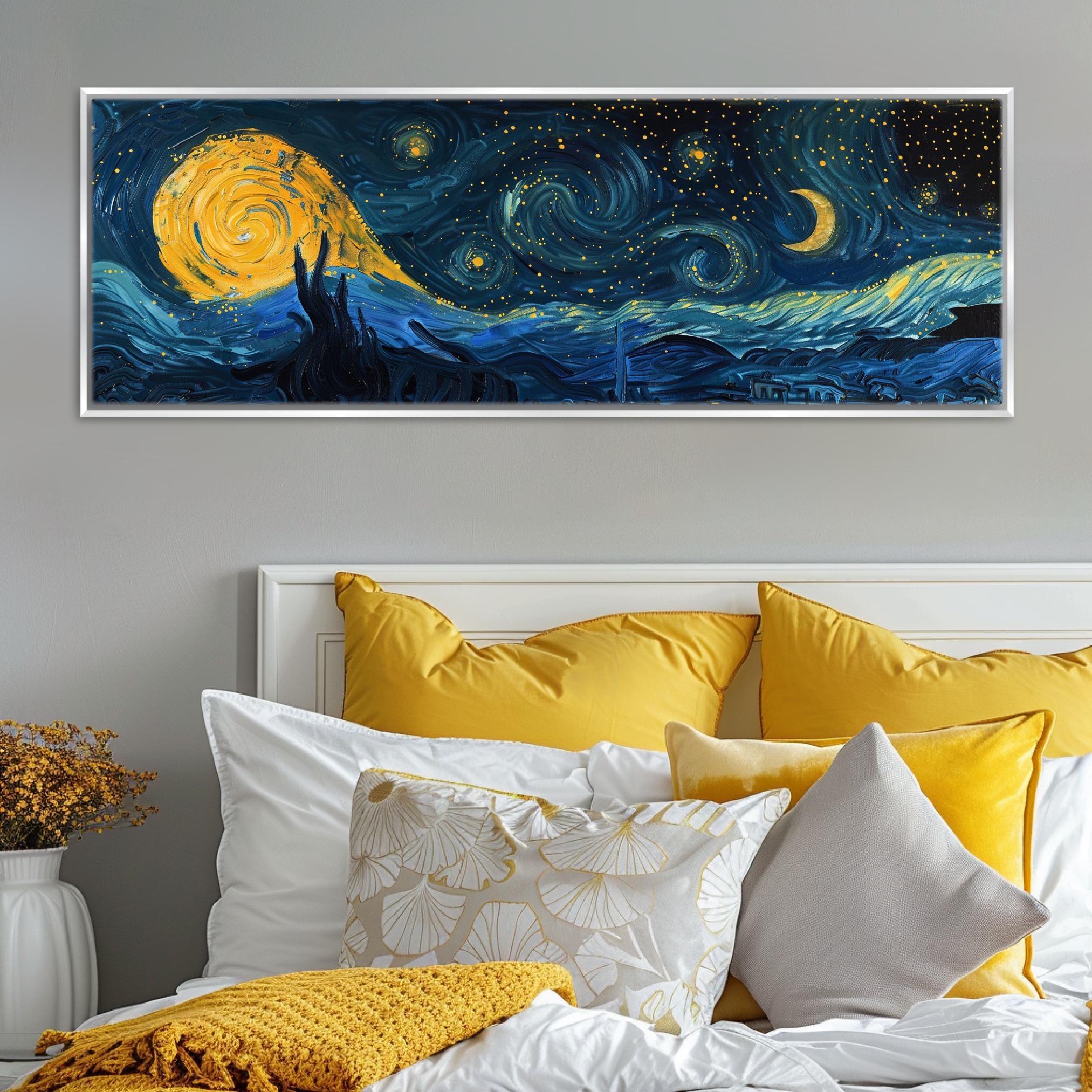 a bedroom with a large painting on the wall above the bed