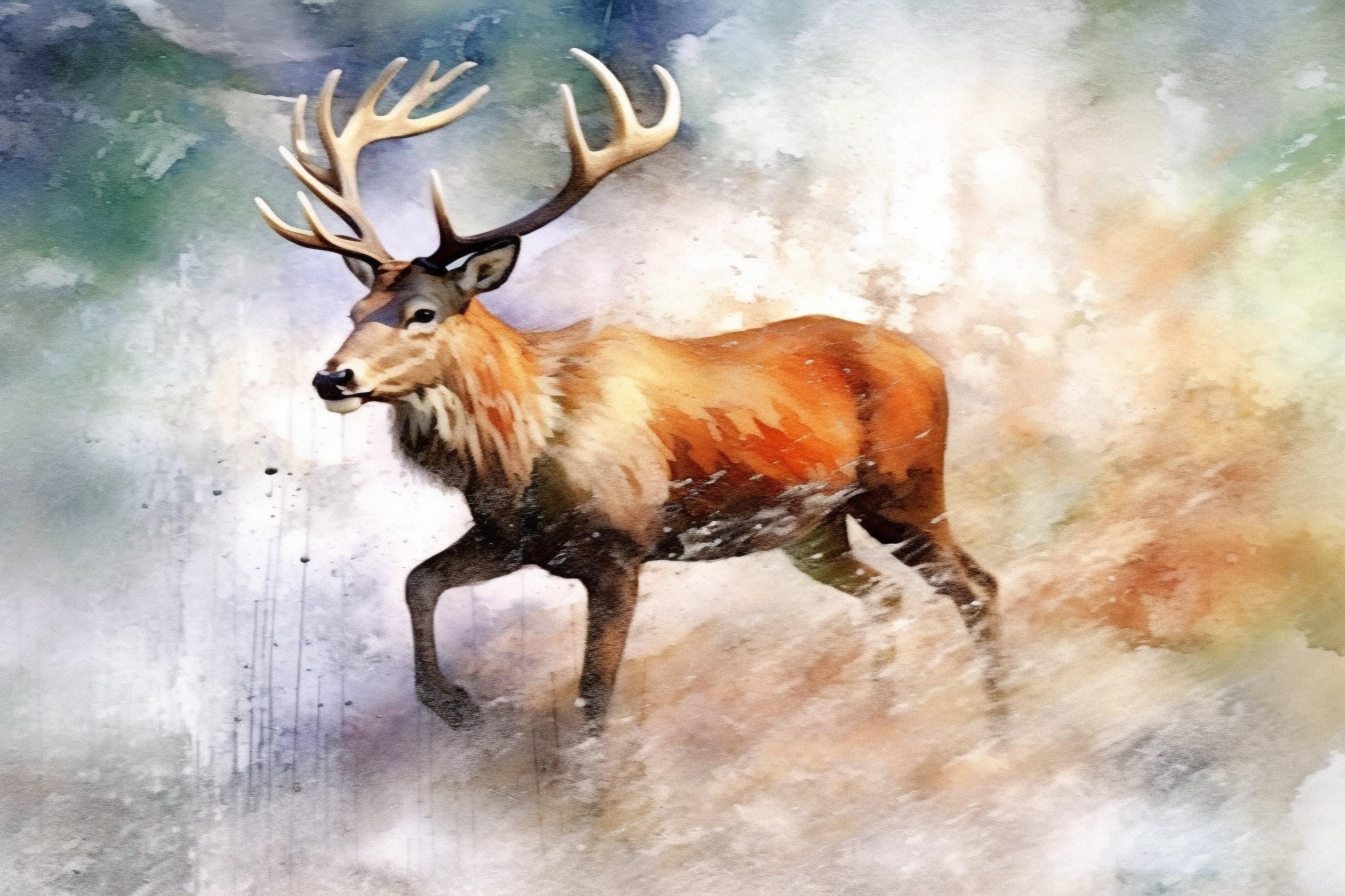 Graceful Reindeer Watercolor - Holiday Wall Decor, Giclee Print on Canvas, Artist Paper, Watercolor Paper, Available in Extra Large Sizes