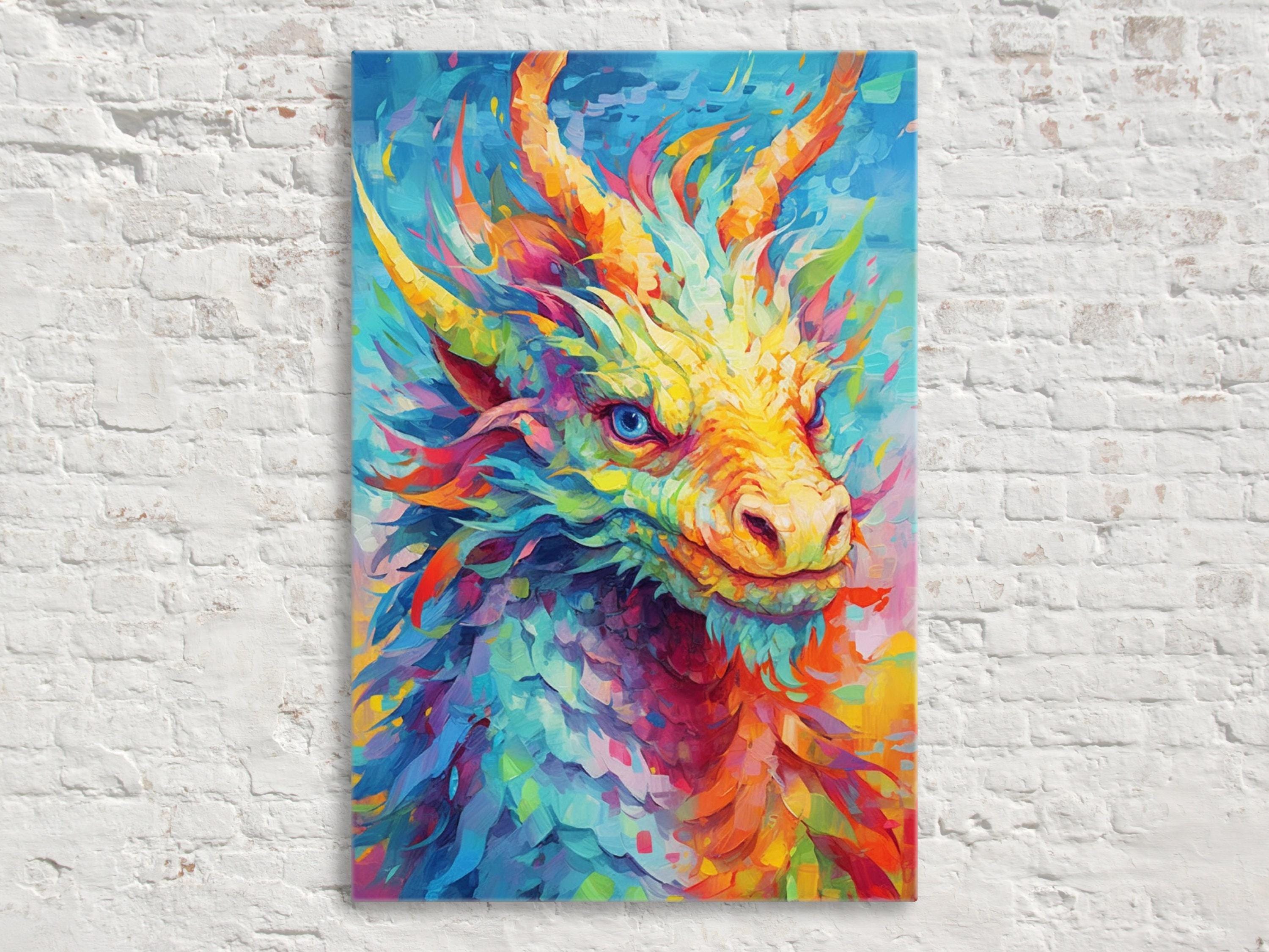 A vibrant, colorful painting of a dragon with flowing, multicolored scales and a fierce expression, displayed on a white brick wall.
