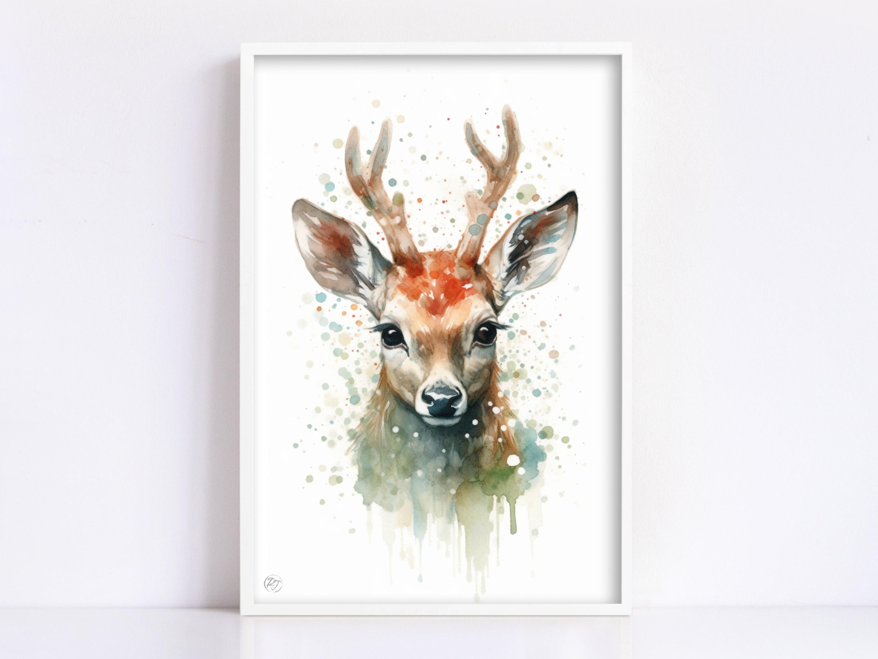 Adorable Baby Reindeer Watercolor - Charming Holiday Decor, Print on Canvas, Artist Paper, Watercolor Paper, Available in Extra Large Sizes