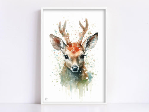 Adorable Baby Reindeer Watercolor - Charming Holiday Decor, Print on Canvas, Artist Paper, Watercolor Paper, Available in Extra Large Sizes