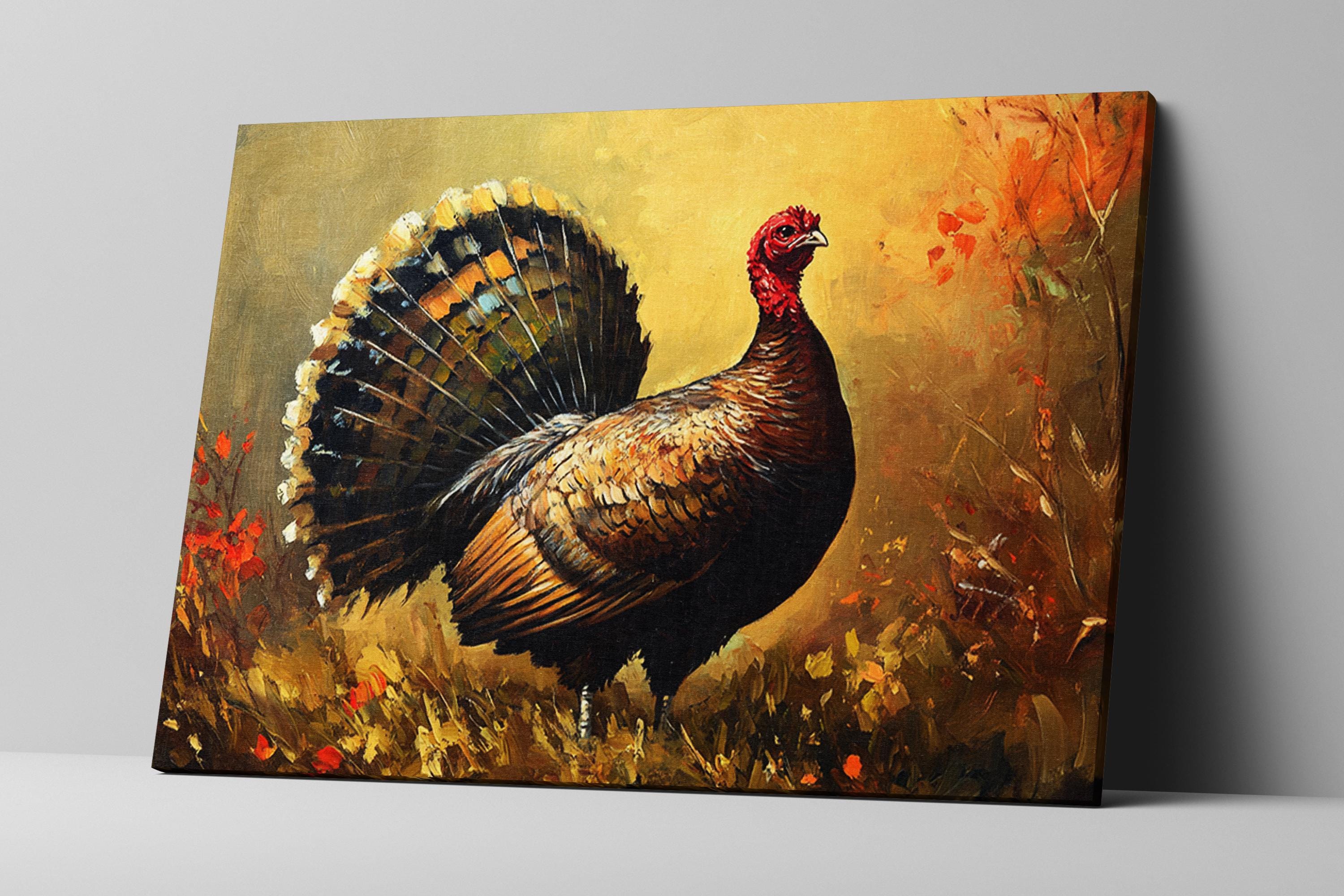 a vibrant painting of a turkey standing in a field of flowers, with its colorful feathers and tail feathers prominently displayed.