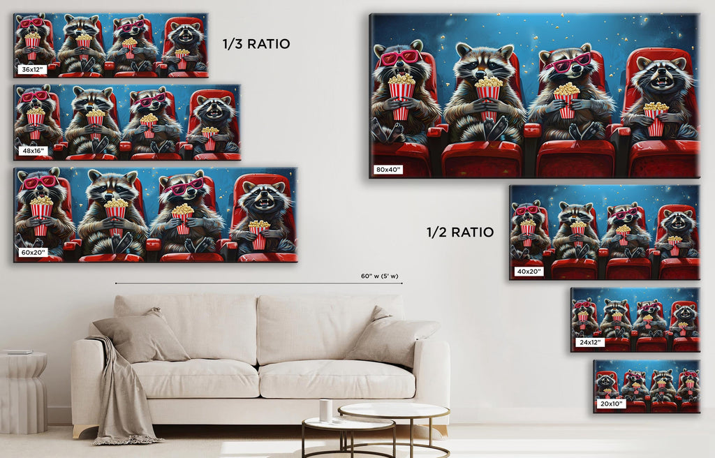 a living room with a couch and a painting of raccoons on the wall