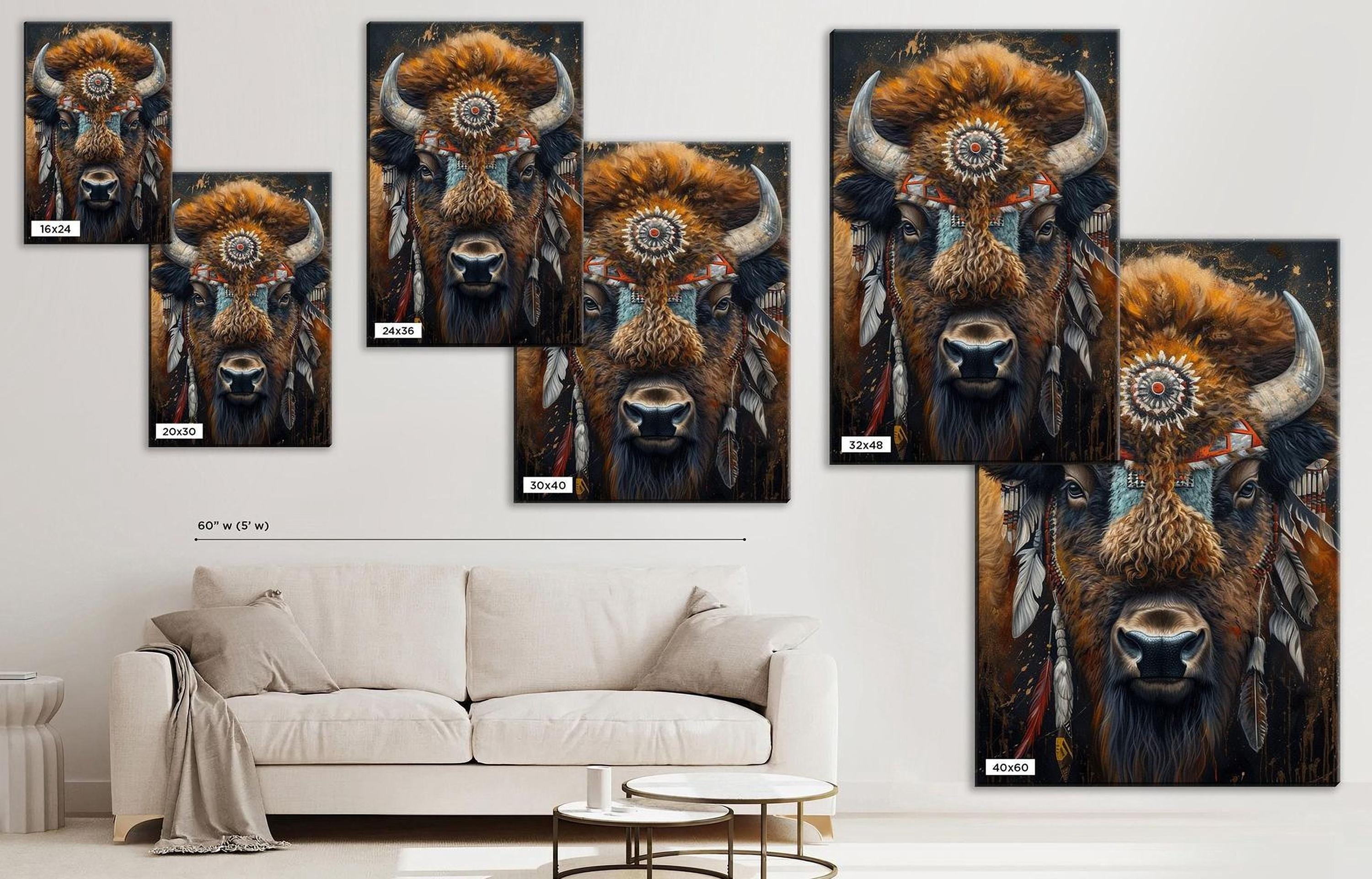 The image is a collage of multiple images featuring a large buffalo with intricate headdress and feathers. The buffalo is the central focus of the collage, with each image showcasing different angles and perspectives of the animal. The collage is displayed on a wall, with a white couch and a coffee table in the foreground.