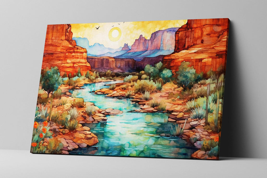 The image is a watercolor painting depicting a scenic landscape with a winding river, mountains, and a bright sun in the sky.