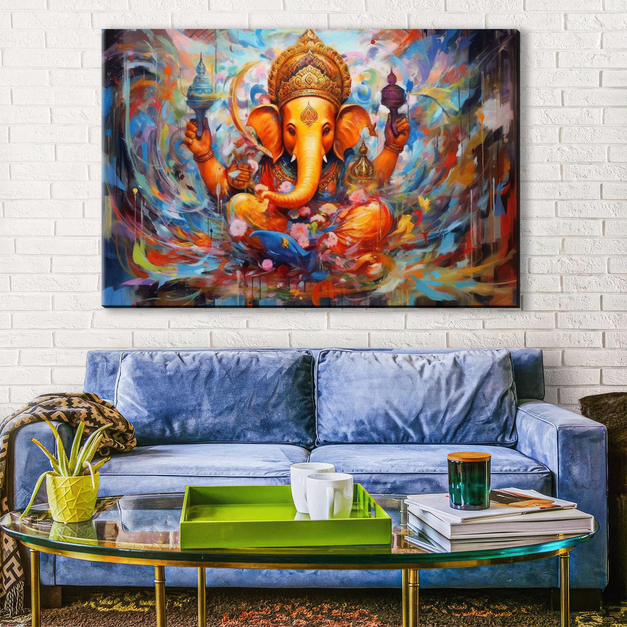 Ganesha Canvas Art – Large Hindu Wall Art With Wooden Frame | Vibrant Spiritual Painting