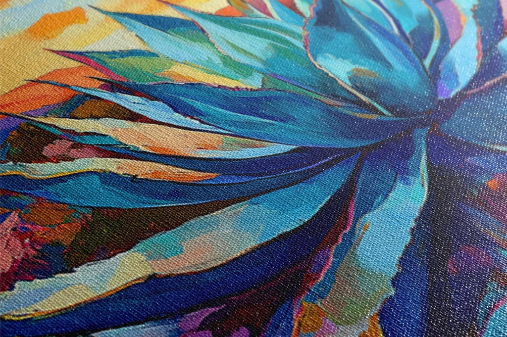 The image is a vibrant and colorful abstract painting featuring a variety of bold, overlapping shapes and patterns in shades of blue, orange, and purple.