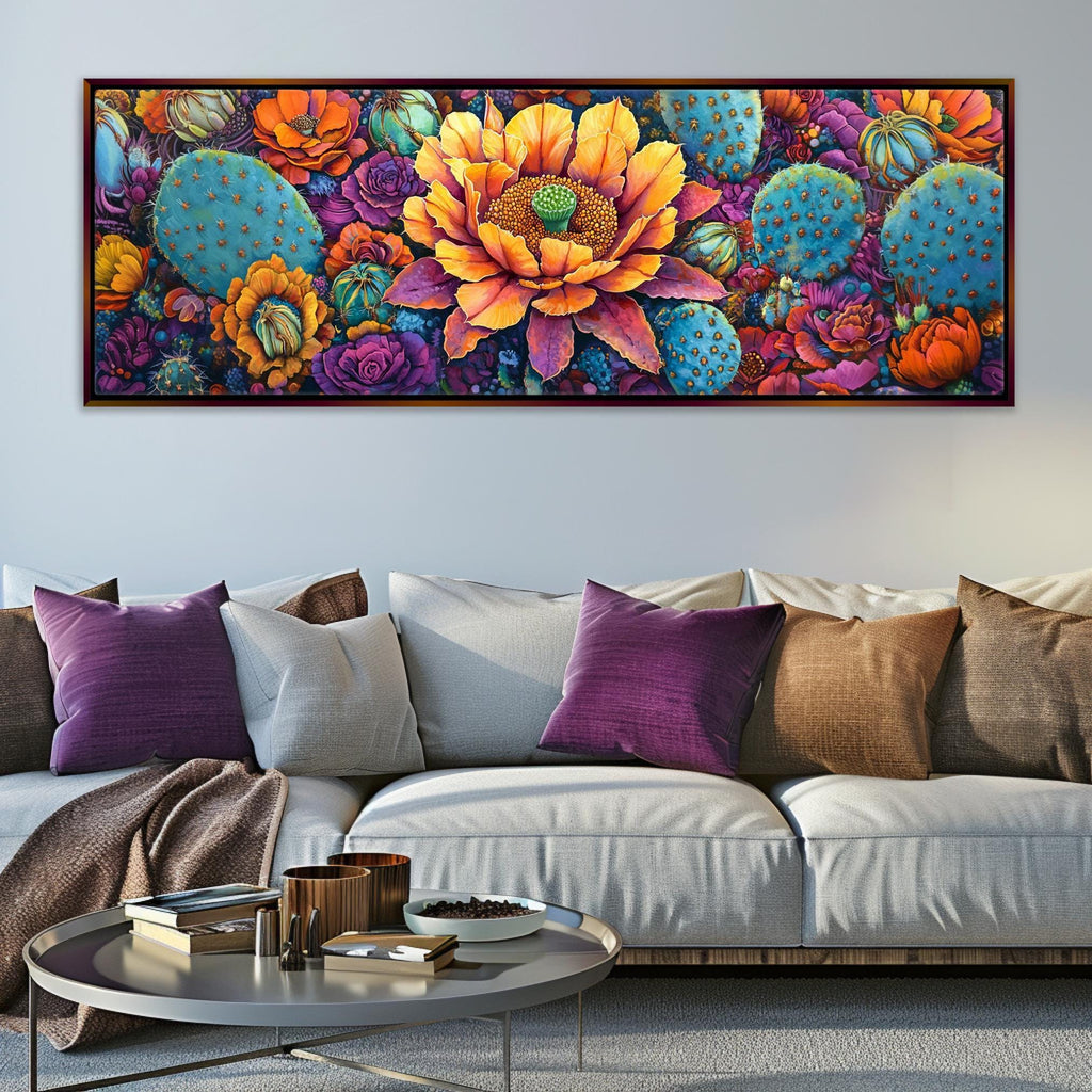 Desert Cactus Wall Art – Panoramic Framed Canvas | Oversized Saguaro Bloom Print