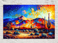 A vibrant, colorful painting depicting a desert landscape with mountains, cacti, and a warm, fiery sunset.