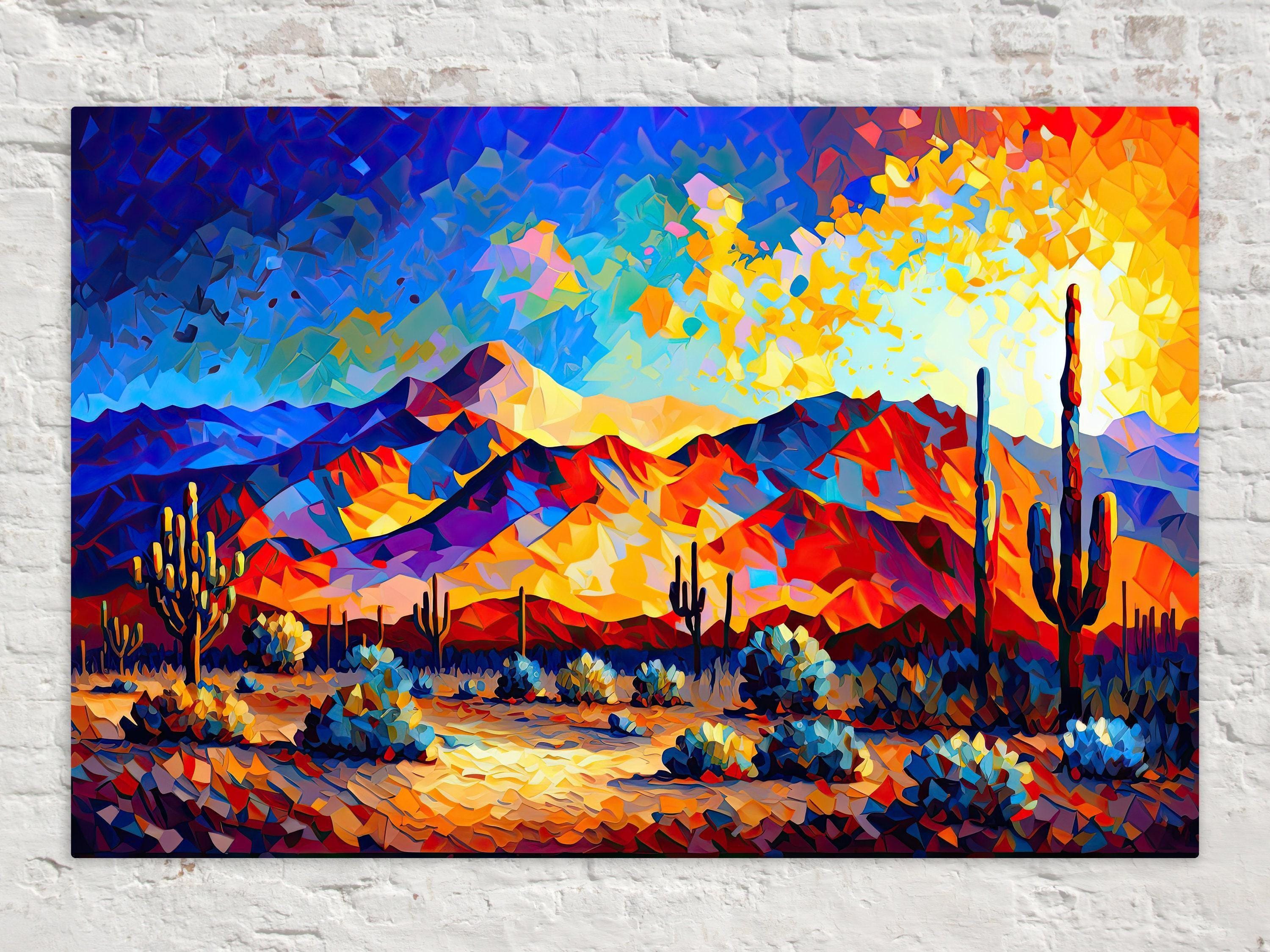 A vibrant, colorful painting depicting a desert landscape with mountains, cacti, and a warm, fiery sunset.