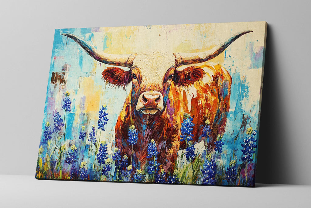 The image is a vibrant painting depicting a bull with large horns, surrounded by a field of blue flowers.