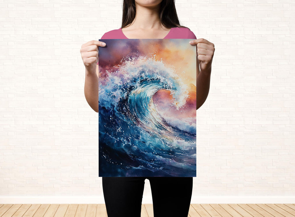 A woman is holding up a large poster of a colorful, abstract painting depicting a large, crashing wave.