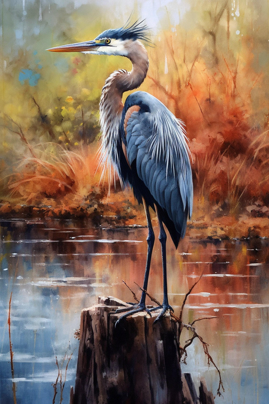 A blue heron standing on a tree stump in a tranquil pond, surrounded by autumn foliage.