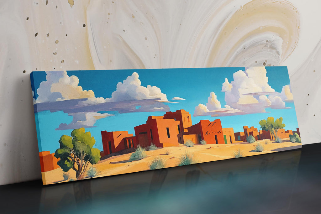 a painting of a desert scene with a sky background