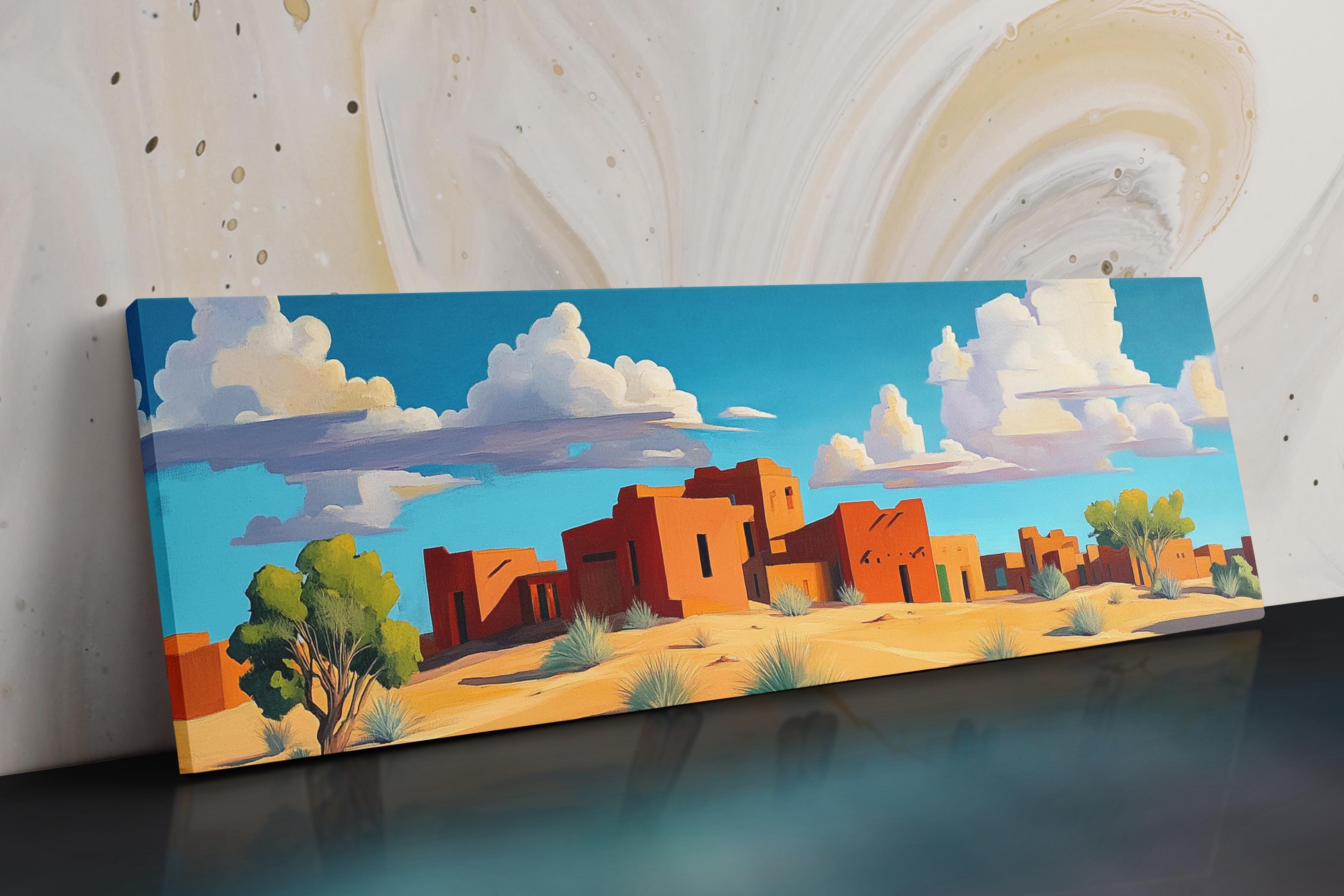 a painting of a desert scene with a sky background