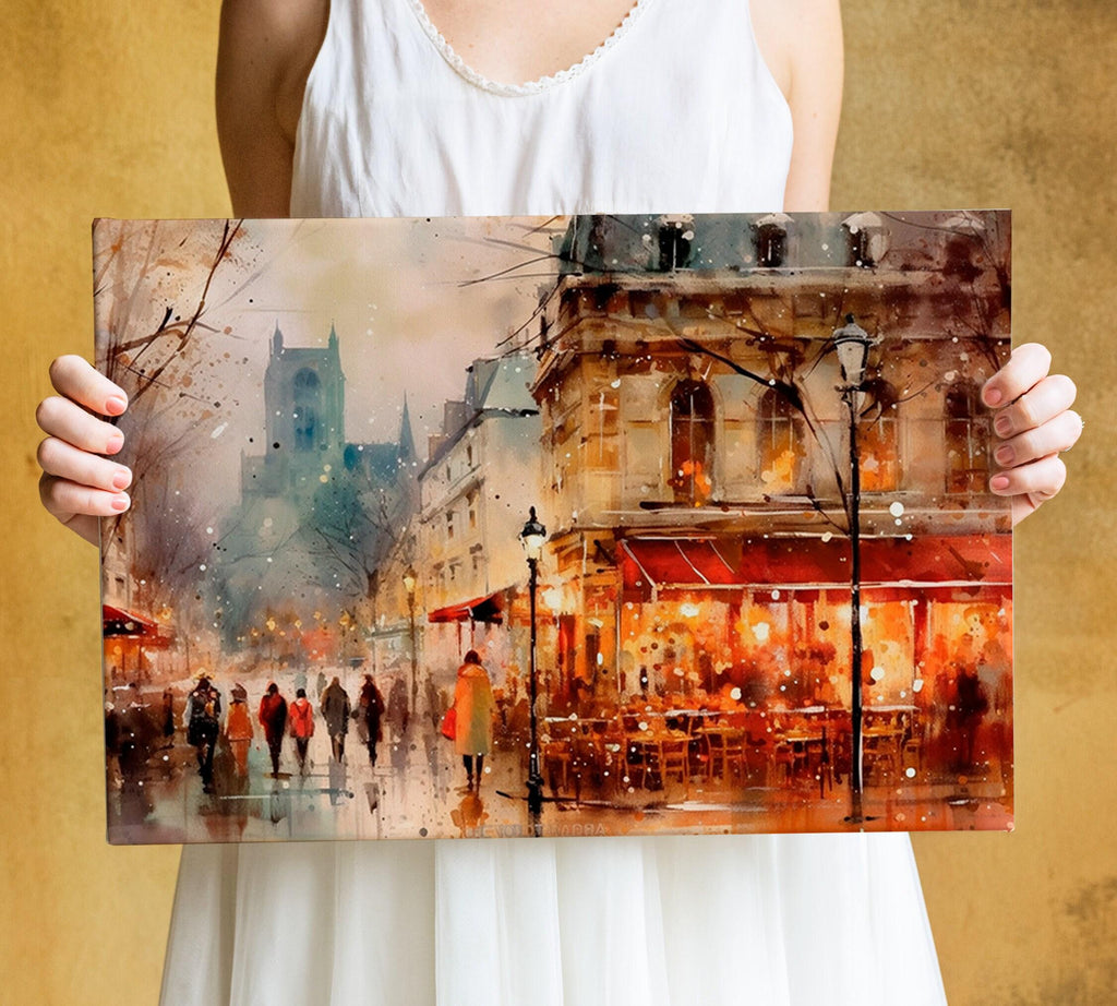 Winter in Paris Watercolor Painting - Holiday Art, Giclee Print on Canvas, Artist Paper, Watercolor Paper, Available in Extra Large Sizes