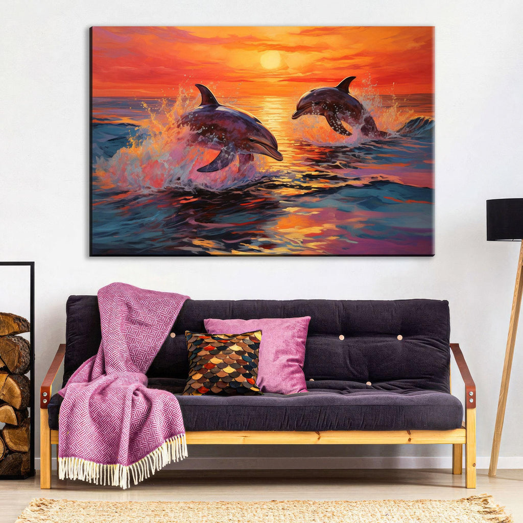 Dolphin Canvas Art – Tropical Dolphin Painting on UV Coated Large Canvas Wall Decor