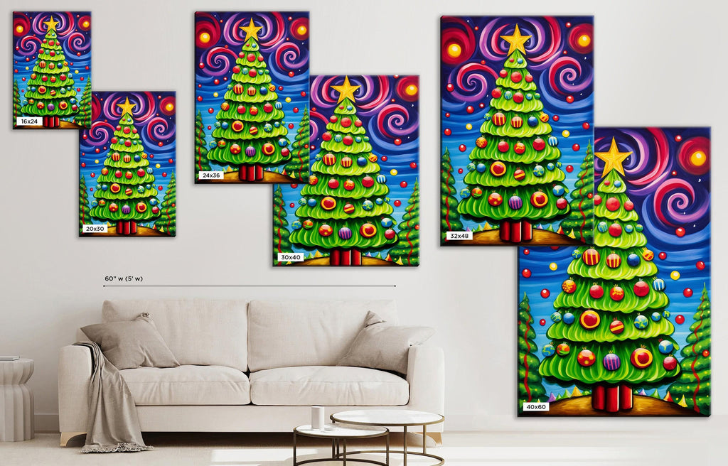 Christmas Canvas Art – Vibrant Color Burst Xmas Tree Painting on Gallery Wrapped Canvas