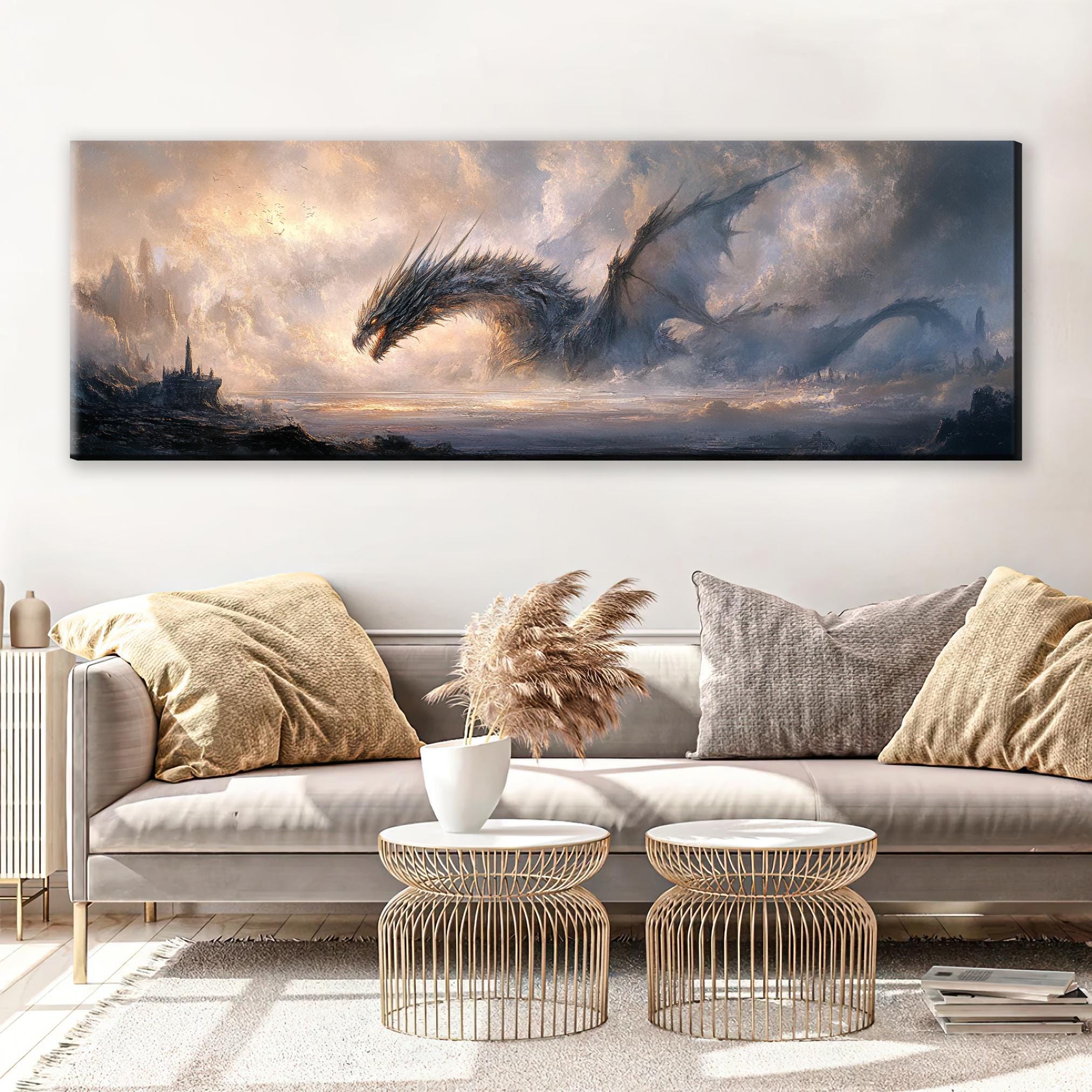 a living room with a couch and a painting on the wall
